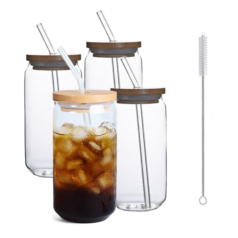 4pcs Drinking Glasses with Lids and Glass Straw 16oz Can Shaped